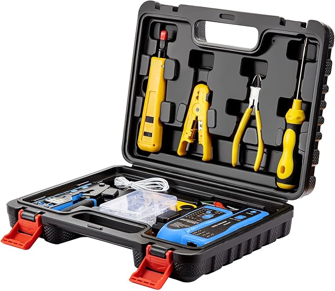 Network Tool kit, Pass Through RJ45 Crimp Tool kit, Ethernet Crimper Cat6 Cat5e Cat5 Crimping Tool with Wire Tracker, 110/88 Punchdown Tool, Cat6 Pass Through Connectors, Wire Stripper