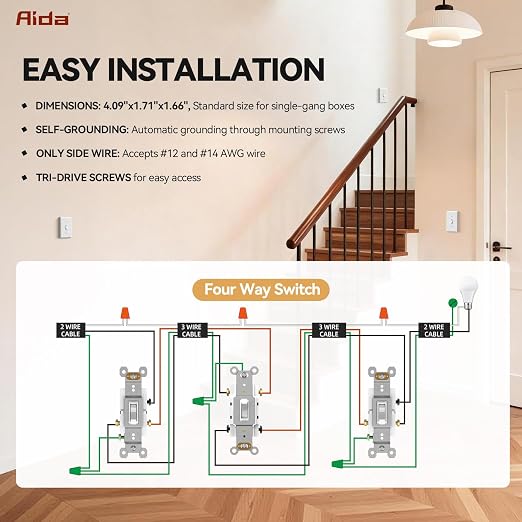 AIDA 4 Way Toggle Light Switch, 15 Amp, 120 Volt, Toggle Framed AC Quiet Switch, in Wall On/Off Switch Replacement, Self-Grounding, Residential and Commercial Grade, UL,Glossy White