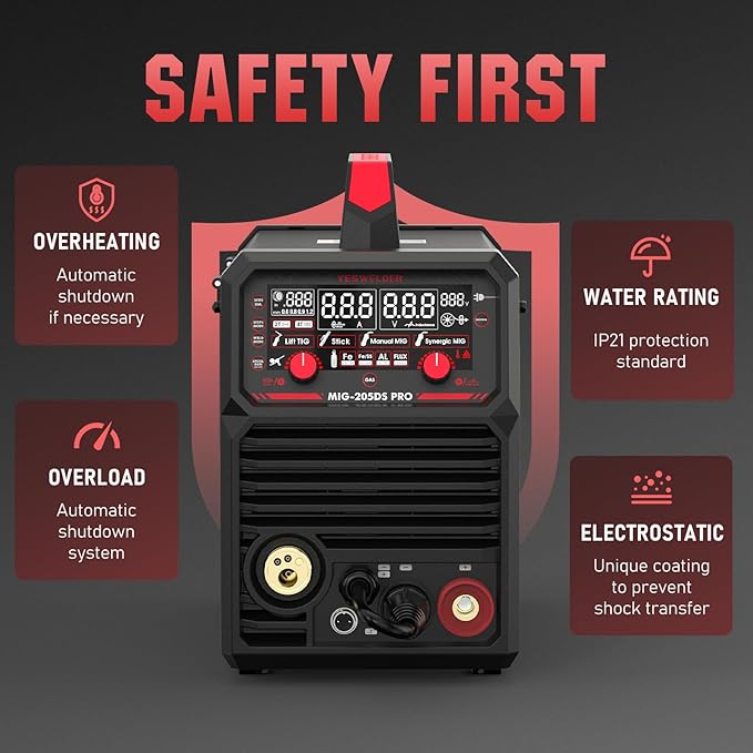 YESWELDER 205A MIG Welder, 110V/220V Dual Voltage, 5 in 1 Gas MIG/Flux Core MIG/Spool Gun MIG/Lift TIG/Stick Multiprocess LED Digital Display Aluminum MIG Welding Machine MIG-205DS PRO