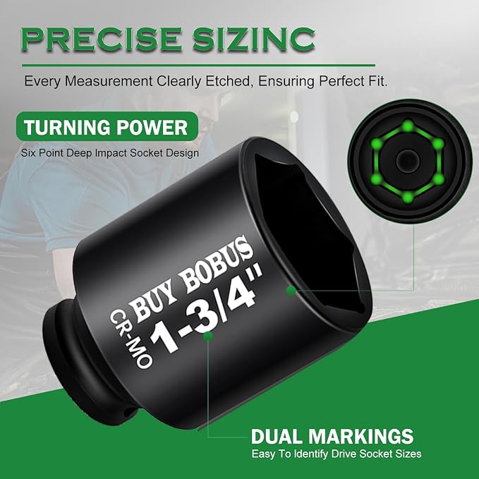 1/2" Drive Impact Socket Set, 9-Piece Standard SAE Deep Axle Nut Sockets, 6-Point, Cr-Mo,1-1/4，1-3/8，1-7/16，1-1/2，1-9/16，1-5/8，1-11/16，1-3/4, Impact Socket Adapter (3/4" x 1/2")