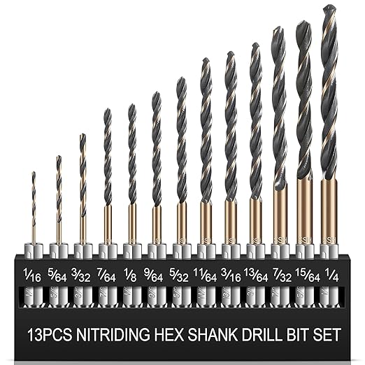 13pcs Hex Shank Drill Bit Set, Professional HSS Nitriding Twist Drill Bits, Upgrade Black and Gold Coated Drill Bit, Quick Change Design for Wood, Steel, Metal, and Plastic, 1/16IN to 1/4IN.