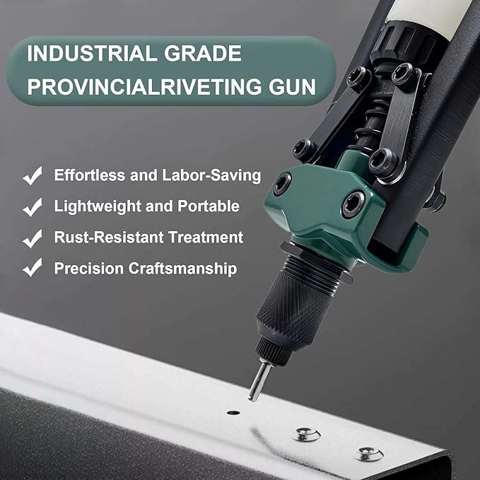 Heavy Duty Double Handle Rivet Gun, Professional Riveting Tool for Metal Working & Auto Repair, Handles 1/8” to 3/16” Rivets, with 3 Interchangeable Nosepieces & Storage Case