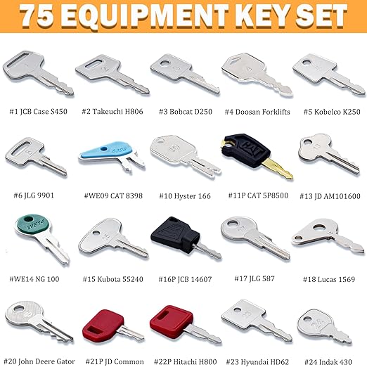 75 Non-Duplicated Heavy Equipment Key Set, Construction Equipment Ignition Master Keys fits CAT Caterpillar Bobcat JCB John Deere Case Kubota Volvo Komatsu Takeuchi Hyster Jlg Yanmar