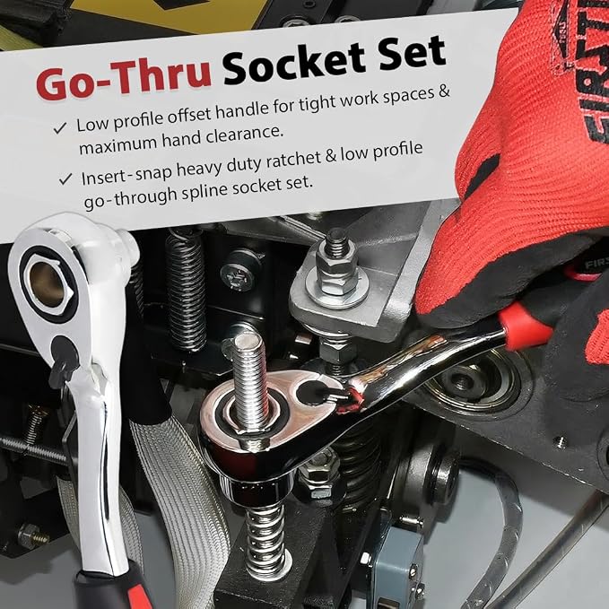 FIRSTINFO 51-Piece 1/4 Drive Spline Pass-Through Socket Set, SAE/Metric | Low-profile offset handle • Insert-snap ratchet • 35 S2 bits • Quick-release adapter • Molded case