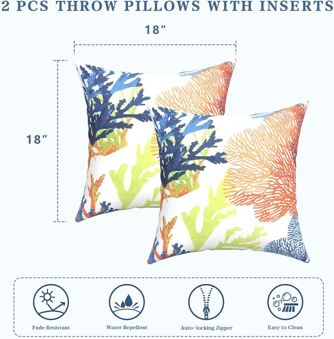 LVTXIII Outdoor/Indoor Throw Pillows, Decorative Throw Pillows with Inserts, 18"x18" Square Pillows for Bed, Couch, Sofa and Patio Furniture (Set of 2, Coral Multi)