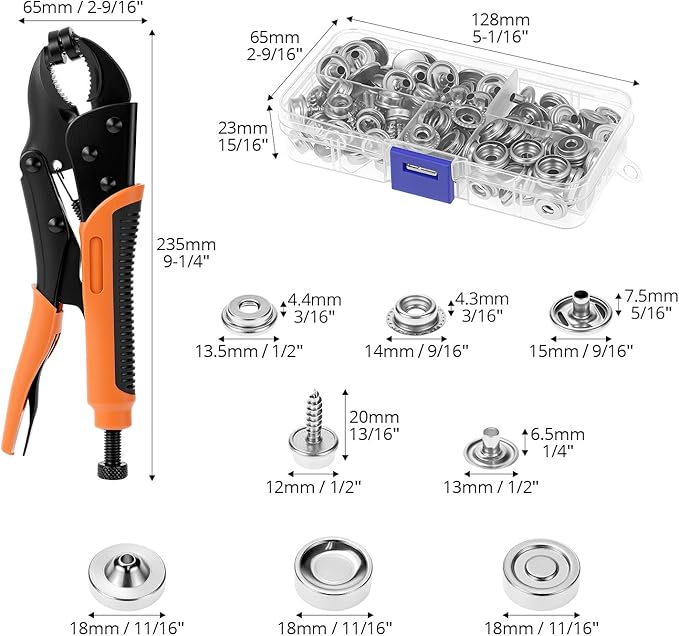 QWORK Heavy Duty Snap Fastener Tool kit, Snap Button Tool with 3 Dies and 40 Sets 15mm Buttons, Boat Cover Snaps, for DIY Cover Leather Buckle Repair