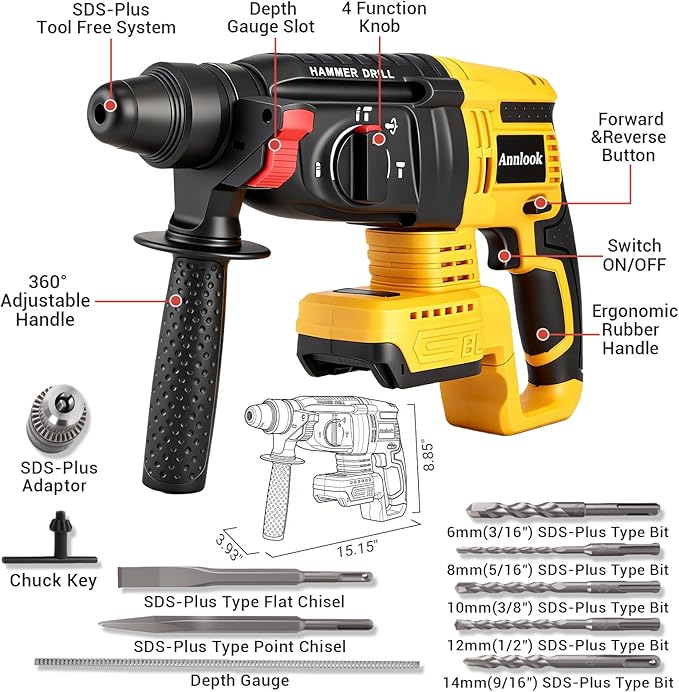 SDS-Plus Cordless Rotary Hammer Drill Compatible with DeWalt 20V MAX Battery (Tool Only), Hammer Drill for Concrete with 4 Functions, Rotomartillo Brushless Motor Includes 5 Drill Bits, 2 Chisels