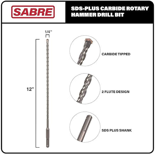 1/4 Inch x 12 Inch SDS Plus Rotary Hammer Drill Bit, Carbide Tipped for Brick, Stone, and Concrete Version 2 (1/4" x 10" x 12")