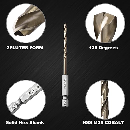 1/8 Drill Bits for Metal and Hard Steel (10pcs),M35 Cobalt Hex Shank Quick Change Impact Drill Bit Set,with Storage Case