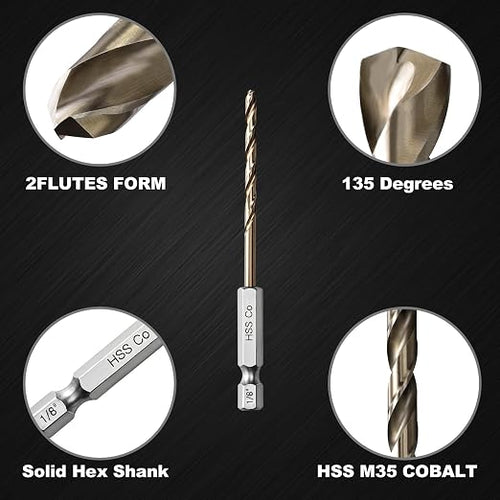 1/8 Drill Bits for Metal and Hard Steel (10pcs),M35 Cobalt Hex Shank Quick Change Impact Drill Bit Set,with Storage Case