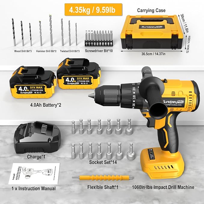 1060In·lbs Cordless Power Drill - 21V Brushless Hammer Drill Set w/ 2×4.0Ah Battery, 20+3 Torque, 2 Speed, 1/2" Metal Chuck for Home DIY Woodworking Thin-Metal Brick Light-Concrete Drilling