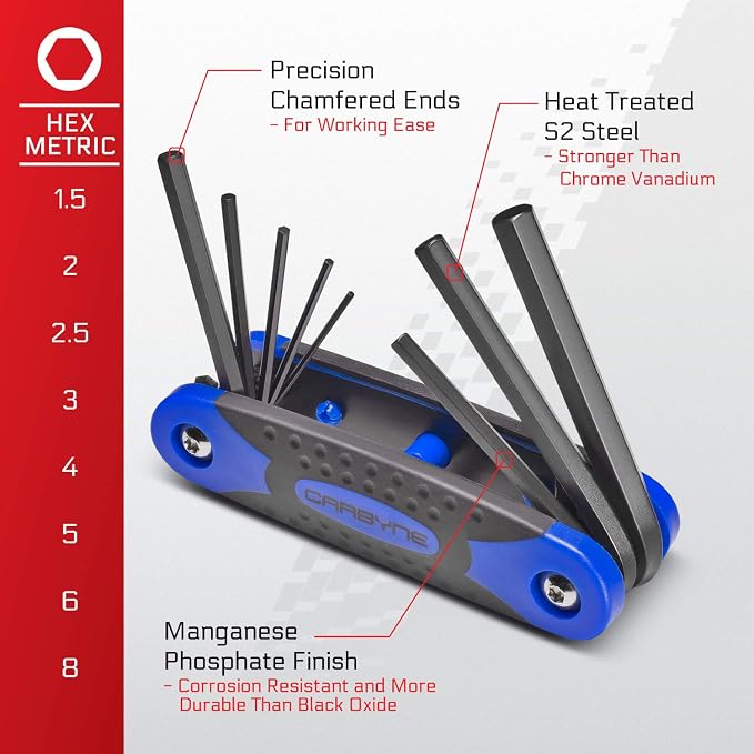 Carbyne 25-Piece Folding Hex (Allen) Key and Torx Wrench Set, SAE/Metric/Torx, S2 Steel, Manganese Phosphate Finish, Metric Hex 1.5-8mm, SAE Hex 5/64"-1/4", Torx T9-T40