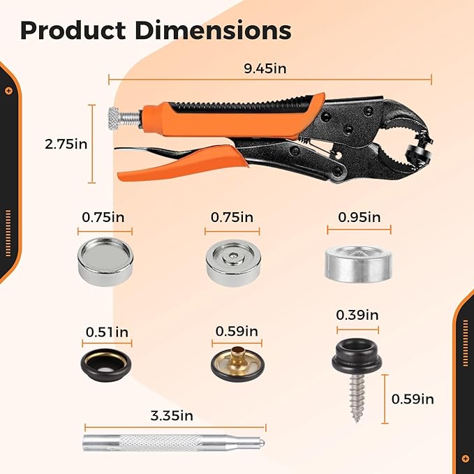 Heavy Duty Snap Fastener Tool Kit, Snap Pliers for Metal Snaps, Replacing Metal Snaps Installation Set, Snap Pliers Kit for Leather, Boat Canvas, Carpet, Tarp, Covers and Furniture