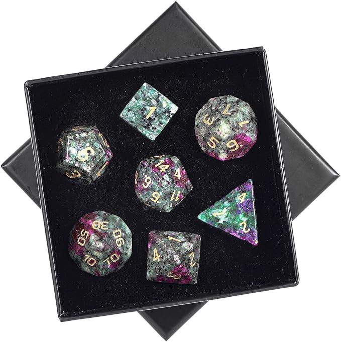 mookaitedecor 7 PCS Ruby in Fuchsite Crystal Polyhedral DND Dice Set, Polished Tumbled Stones Dices for RPG MTG Table Games Home Decoration