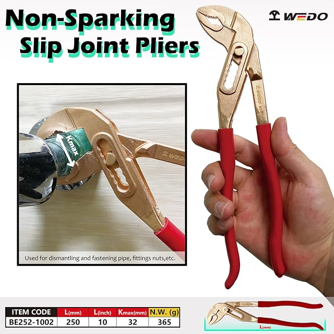 WEDO Non-Sparking Slip Joint Pliers with Rubber Grip Handle 10", Spark-free Safety Slip Joint Pliers,Beryllium Copper, Non-Magnetic, DIN Standard, BAM & FM Certificate, Size 10 * 32 * 250mm