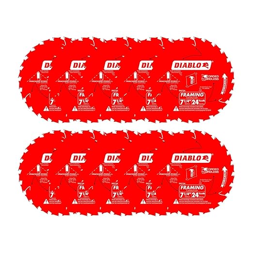 Diablo Framing Saw Blade for Wood - 7-1/4" x 24-Tooth, Thin Kerf, Anti-Vibration, Long Life for Framing & Pressure-Treated Wood, Tracking Point Tooth Design - Pack of 10 - D0724A