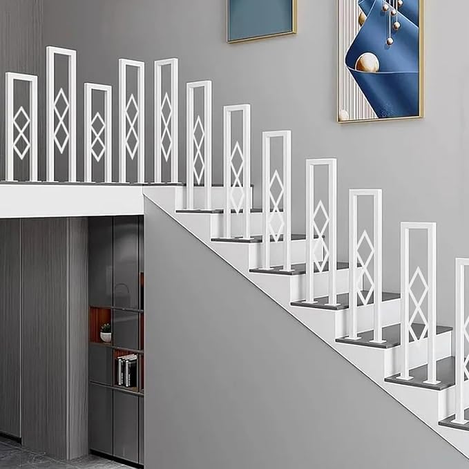 U-Shaped Stair Handrail, White Wrought Iron Hand Rails Decorative Railing for Indoor Stairs, Porch Deck Loft Corridor Safety Non-Slip Support Poles, with Diamond Pattern (White/3FT/90CM)