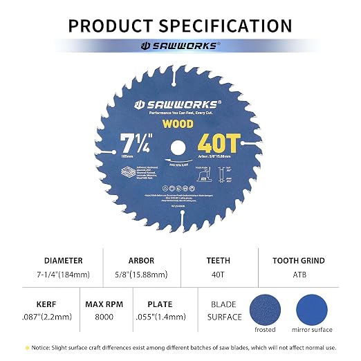 SawWorks 7-1/4" 40T Carbide Circular Saw Blade, Finish Cutting for Carpenters & Enthusiasts, 5/8" Arbor