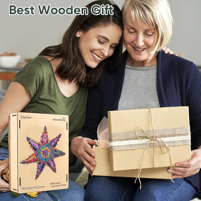 Qiuenisray Wooden Puzzles for Adults, Starfish Ocean Jigsaw Puzzles | 200 Pieces, FSC Certified Unique Shape Animal Adult Puzzles, Unique Wood Puzzle, Best Gift for Family Game 14.3x14.3 in