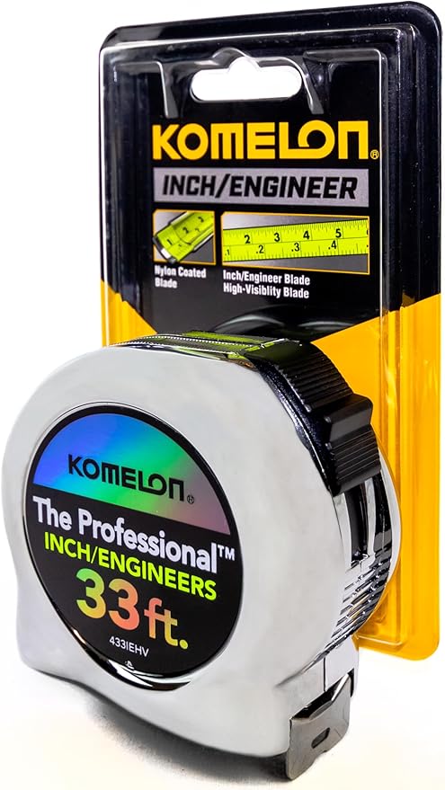Komelon 433IEHV High-Visibility Professional Tape Measure both Inch and Engineer Scale Printed 33-feet by 1-Inch, Chrome
