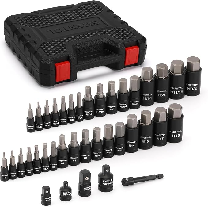 EMENTOL 38PCS 1/4" 3/8" 1/2" Drive Allen Hex Bit Socket Set, SAE/Metric, Includes Power Drill Adapter, Socket Adapters, 2mm - 19mm, 5/64" - 3/4"