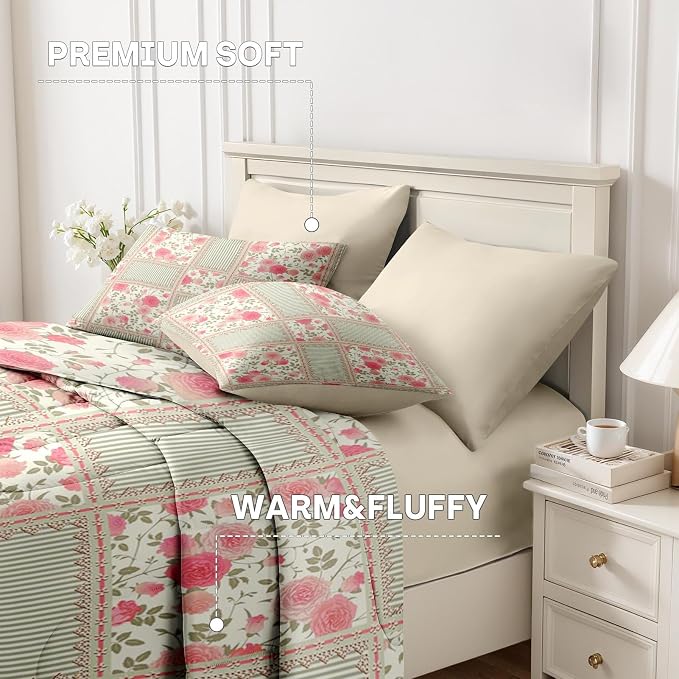 Nesker Comforter Set King Size, Floral Rose Leaves 7 Pcs Bedding for Kids and Adults, Shabby Chic Checkered Flower Bed Sheet Sets with Fitted Sheet 2 Pillowcases & 2 Shams