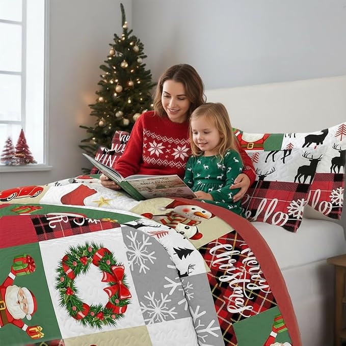 Merry Christmas Patchwork Quilt Set King- Santa Claus Snowman Tree Snowflakes Checkered Printed Holiday Bedding Set - Soft Microfiber Lightweight Comforter Coverlet Bedspread(Car, King(90"x104"))