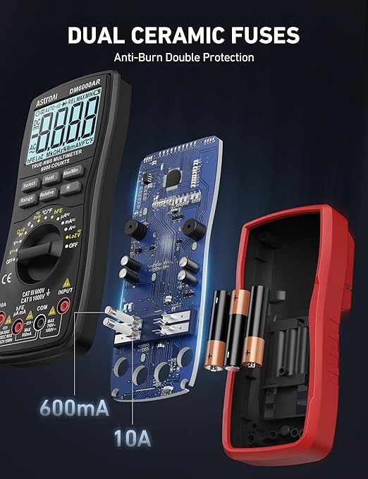 AstroAI Digital Multimeter TRMS 6000 Counts Volt Meter Ohmmeter Auto-Ranging Tester; Accurately Measures Voltage Current Resistance Diodes Continuity Duty-Cycle Capacitance Temperature, Black