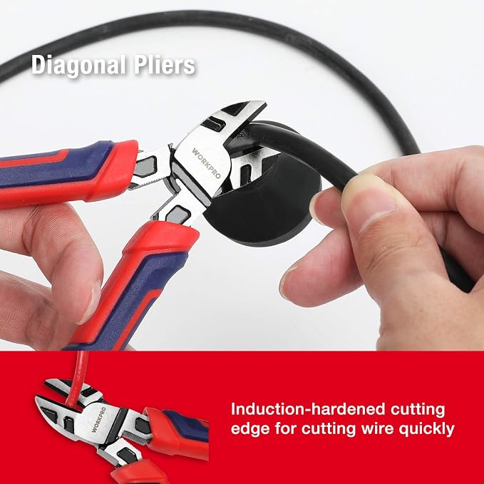 WORKPRO Pliers Set, 5-Piece Premium Cr-V Pliers Kit with Storage Pouch | 6 Inch Slip Joint, Long Nose, Diagonal Cutter, 8 Inch Groove Joint, 7 Inch Linesman, Ergonomic Grip, for Basic Repair