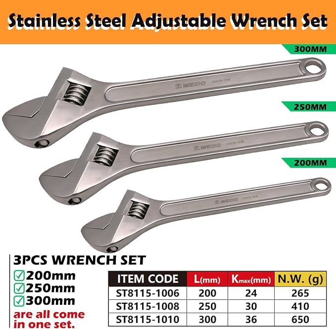 WEDO 3PCS Adjustable Wrench Set 8",10",12",Stainless Steel | Wide Jaw Spanner,Professional Spanner,Precision Jaws,Corrosion Resistant,For Automotive,Home and Plumbing Repairs