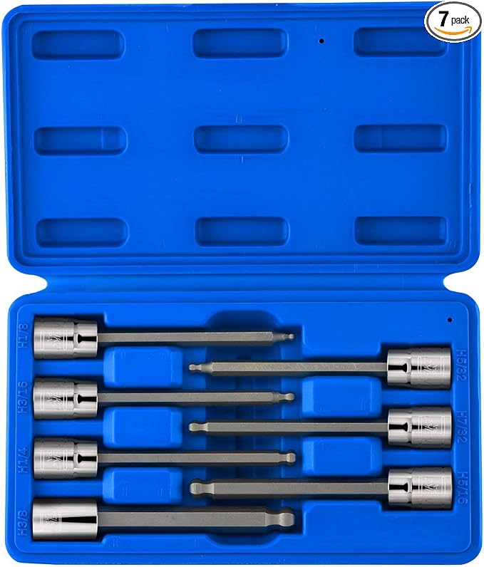 Neiko 10244A 3/8-Inch-Drive Extra-Long Ball-End Hex-Bit Socket Set, SAE Sockets 1/8" to 3/8", S2 Steel, 7-Piece Set