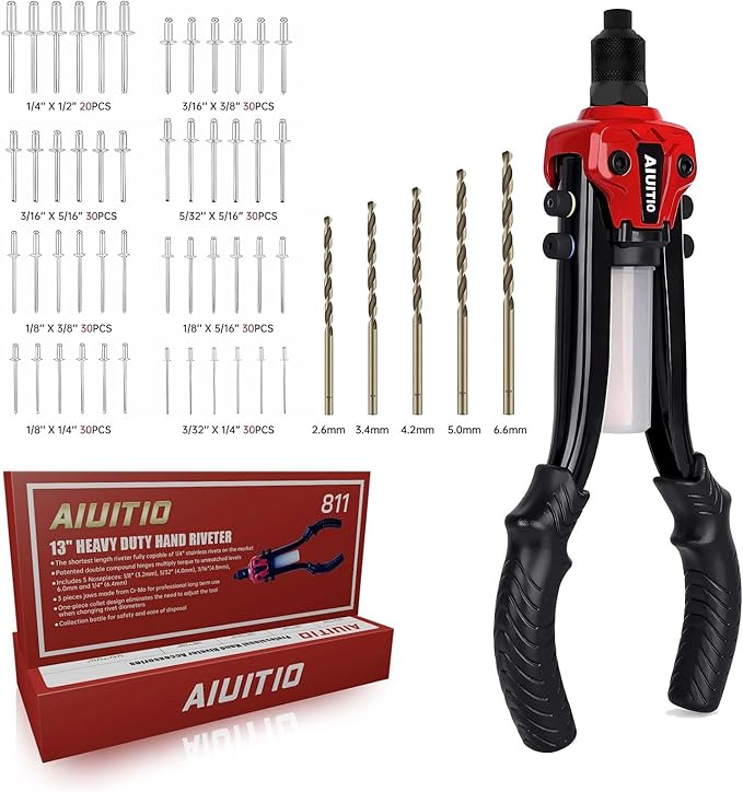 AIUITIO Rivet Gun Kit, 1/4" Pop Rivet Gun with 230 Rivets & 5 Drill Bits, 13" Heavy Duty Two-Handed Riveter Tool Set with Detachable Container for Van, Gutter & Automotive