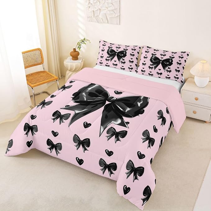 Feelyou Cute Pink Bow Comforter Set All Season Girly Bow Bedding Set with 2 Pillow Cases Love Hearts Bowknot Microfiber Kids Queen Bedclothes Bedroom Decor Duvet Quilt Breathable Soft Lightweight