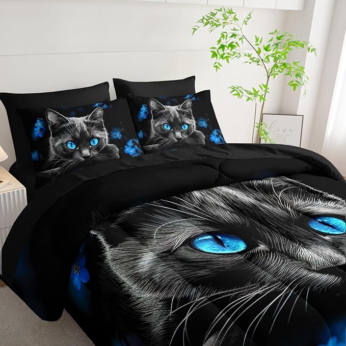 Black Cat Queen Comforter Set with Sheets,Animal Themed Cute Cat Bedding Set for Kids Toddler Girls Boys Room Decor,Blue Floral Bedding with Comforter,Fitted Sheet,Flat Sheet,Pillowcases.