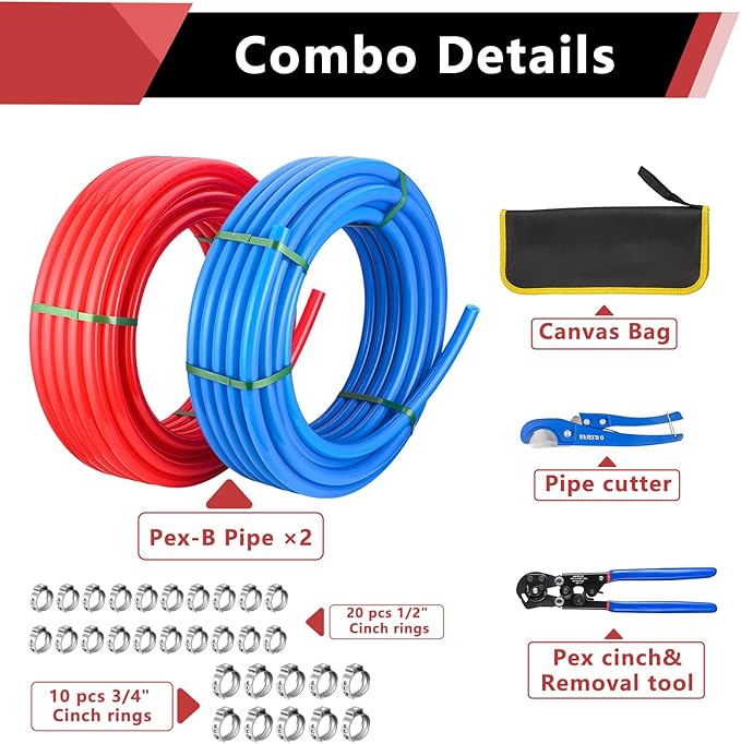 (Pipe&Combo Kit) EFIELD Pex-B Pipe Blue & Red 1/2" 2 x100ft with 2 IN 1 Pex Crimping,Removal and Cutter Tool Kit