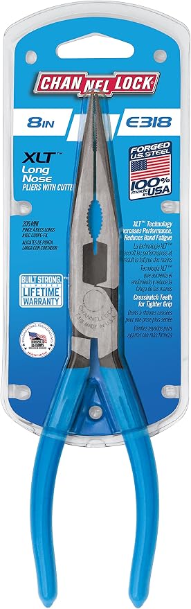 Channellock Needle-Nose Pliers E318 - Long Nose, High Carbon Steel, Blue Handle - 8-Inch Combination