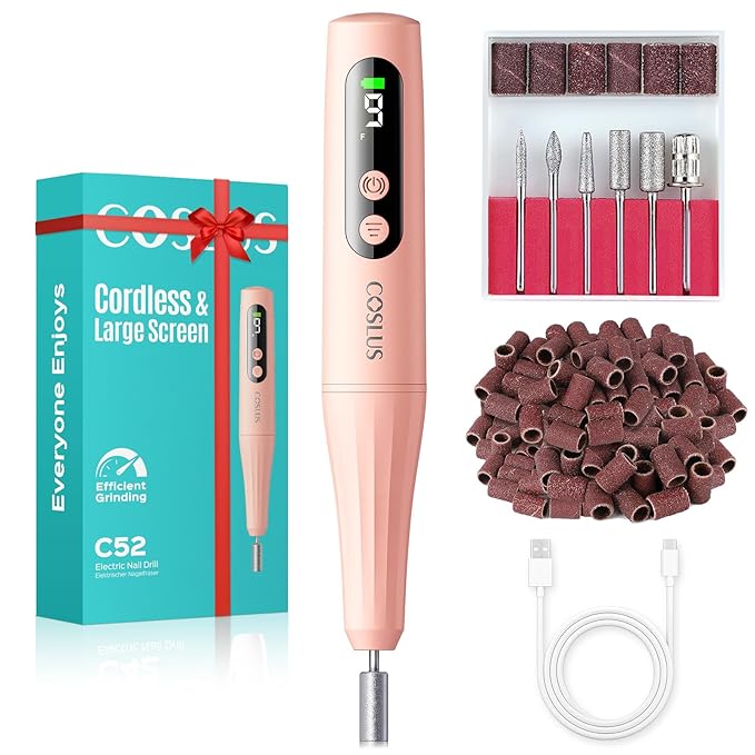 COSLUS C52 Electric Cordless Nail Drill: Professional Nail File kit with LED Screen for Acrylic Gel Powder. Portable for Home DIY & Salon Use. Manicure Pedicure for Beginners, Women, Travel, Red