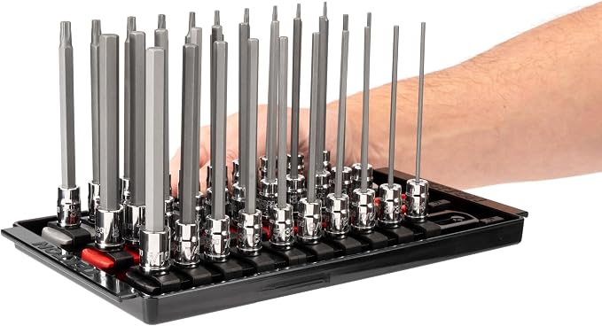 TEKTON Long Hex and Torx Bit Socket Set, 31-Piece | SHB90205 | 1/4 Inch Drive, (5/64 - 5/16 in., 2 - 8 mm, T6 - T30), Socket Rail