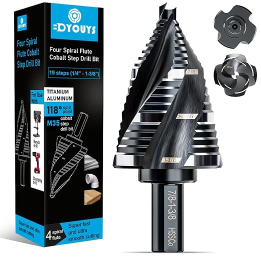 M35 Four Spiral Flute Step Drill Bit Set 1/4" - 1-3/8" （19 Sizes, 1/4" Hex Shank Unibit Step Drill bit, Impact Resistant M35 Cobalt Step Drill Bit, for Stainless Steel, Wood, Aluminum, Plastic