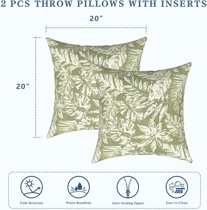 LVTXIII Outdoor Pillows 20x20 Inch, 2 Pack Large Decorative Square Throw Pillows with Inserts for Couch, Bed, Floor Seating, Patio Furniture, Tropical Leaf Green