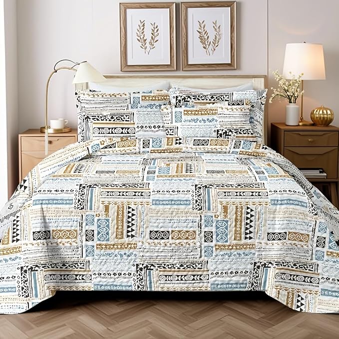 Geometry Patchwork Quilt Set Queen - Blue Quilts for Queen Size Bed, Multicolor Patchwork Printed GeometryBedding Set - Soft Microfiber Lightweight Coverlet Bedspread(Geometry, Queen(90"x90"))