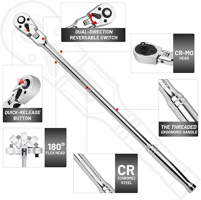 1/2 Inch Drive Ratchet Flex Head Ratchet 24"/610mm | 1/2 Ratchet Long Handle, 72 Tooth Quick Release Swivel Head Ratchet Cr-Mo Head Socket Wrench Flexible Ratchet Handle