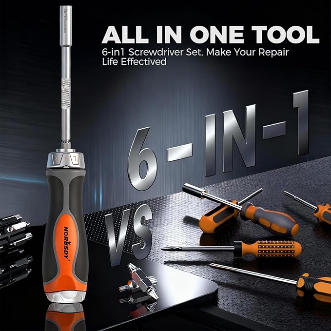 HORUSDY 6-in-1 Ratcheting Screwdriver Set, Magnetic Multi-Bit Screwdriver with Built-in Premium S2 Bits & 126mm Extension Bar, Dad Mens Gifts for Christmas, All-in-One Tool for Home Repair, DIY