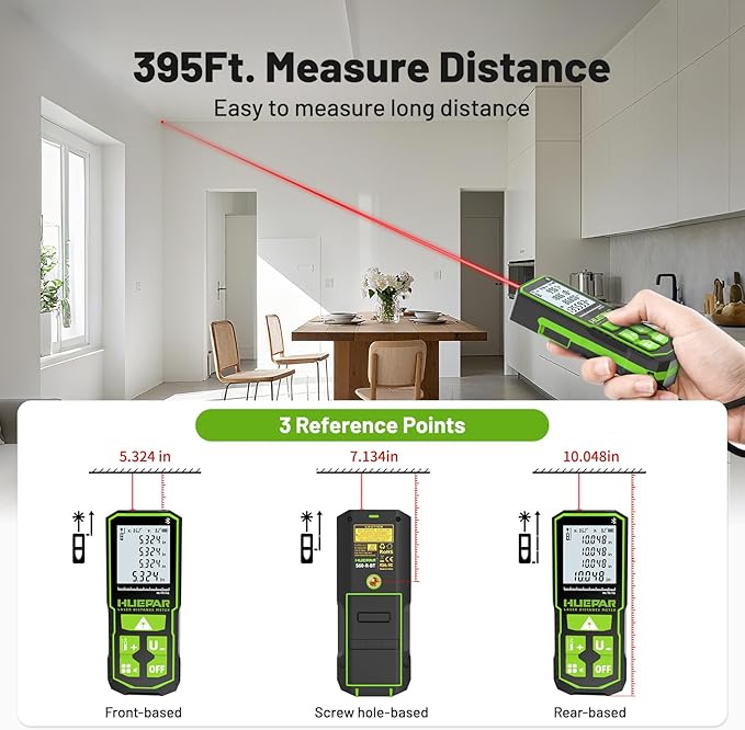Huepar Laser Distance Measure 395Ft. Digital Rechargeable Laser Measuring Tool with Bluetooth -Phone APP, 1/16in Accuracy, Angle Sensor, M/in/Ft Unit, Pythagorean Mode, Measure Distance, Area, Volume