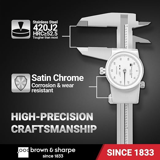 Brown & Sharpe 12-Inch Dial Caliper, Precision Measuring Tool with White High-Contrast Dial,Shock-Protected Stainless Steel Construction, Smooth Slider and Lockting Screw, for Machining & Inspection