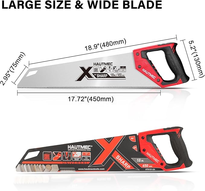 HAUTMEC X-Sharp 18" Pro Hand Saw for Wood Cutting, Large Tree Saws for Logs, 7 TPI Aggressive Rough Crosscut & Rip Handsaw with Thick Blade for Trimming Woodworking Lumber