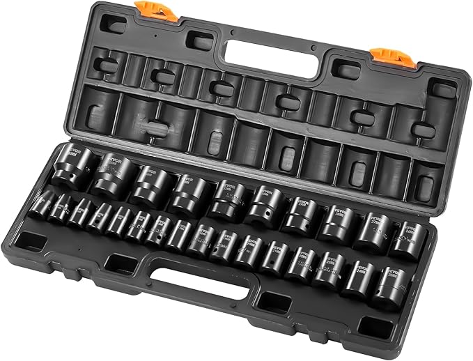 VEVOR 1/2" Drive Impact Socket Set 26-Piece, Metric (10-36mm) Sizes Standard Socket Set CR-V Material for High Durability Impact Wrench