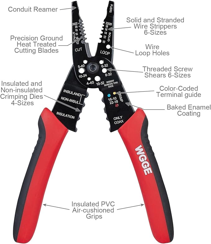 WGGE WG-015 Professional 8-inch Wire Stripper/Crimping Tool, Cable Cutter/Crimper, Wiring and Multi-Function Hand Tool, Red With Black