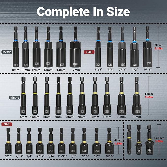 80-Piece Magnetic Impact Nut Driver Set, SAE/Metric Nut Driver Set, Socket Adapters, Wing Nut Driver, Bit Holder, Universal Sockets, Quick Release Extension, Power Bits, 1/4'' Quick Change