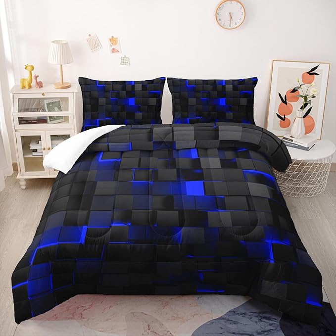 Nttopship Geometric Blue Black Comforter Set,Light Honeycomb 3 Piece Bedding Set Full Size for Teen Boys,Modern Quilt Set Geometry Decor,Microfiber Lightweight 1 Comforter 2 Pillowcases All Season